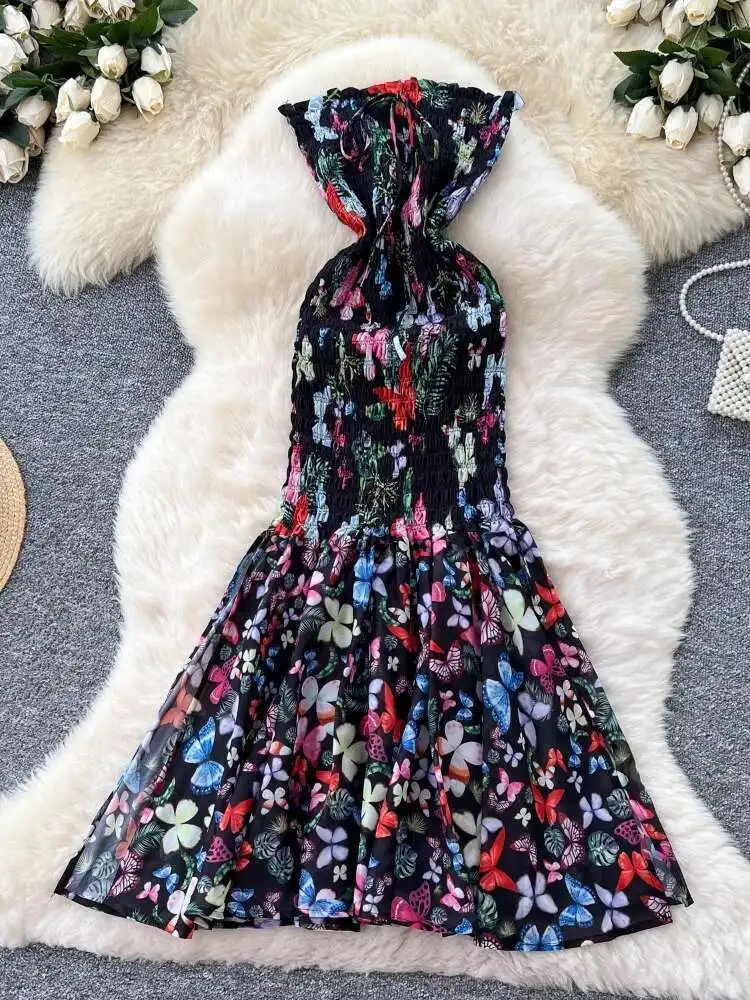 

Women Beach Style Printed Dress Summer Sexy Sleeveless Strapless Slim Floral Fish Tail Dresses Ladies Vintage Bodycon Long Robe