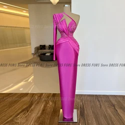 Novel Fuchsia Sheath One Shoulder Evening Party Dress For Woman Celebrity Floor Length Custom Size Prom Gown Bead Satin Vestido