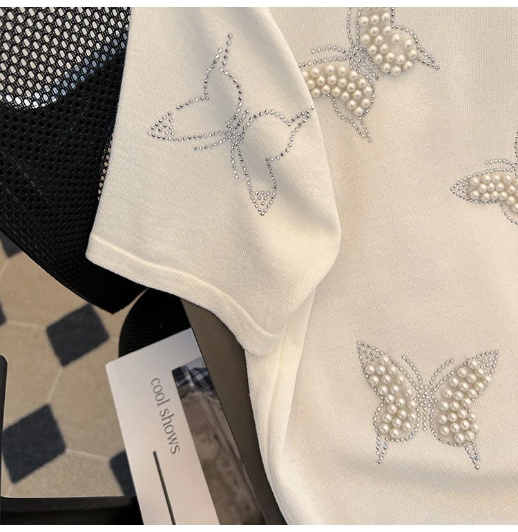 Butterfly beading Casual Short Sleeve Summer Knitted Sweater Women Pullover Sweaters Korean Style Slim White Pull Knitwear