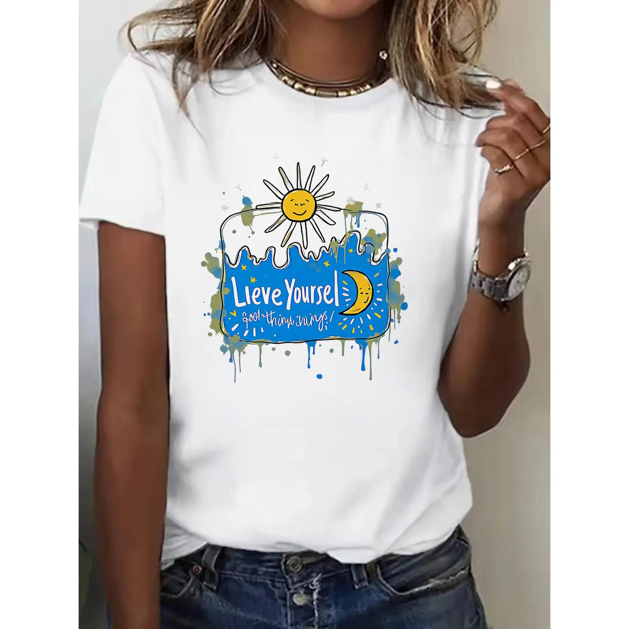 

Women's Graffiti Love Yourself T-shirt, Streetwear Art Graphic Tee, Casual Hip Hop Sun Moon Print Top