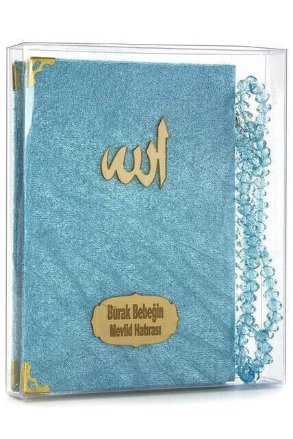 

Velvet Coated Yasin Book - Bag Size-Name Printed Plate - Rosary - Transparent Boxed - Blue - Gift yasin Set