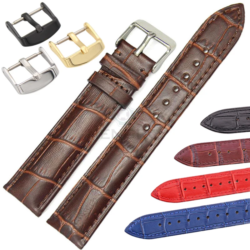 Soft Durable Watchband Wholesale 18 19 20 21 22 24mm Genuine Leather Watch Band Strap Brown Black Blue Red Belt