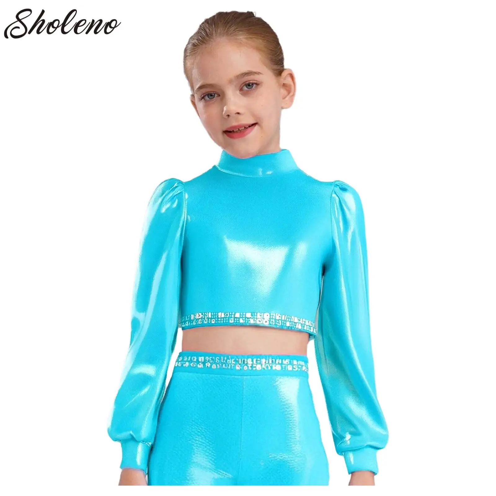 

Kids Girls Shiny Metallic Jazz Hip-hop Dance Crop Tops Stage Performance Dance Costumes Shiny Rhinestones Metallic T Shirts