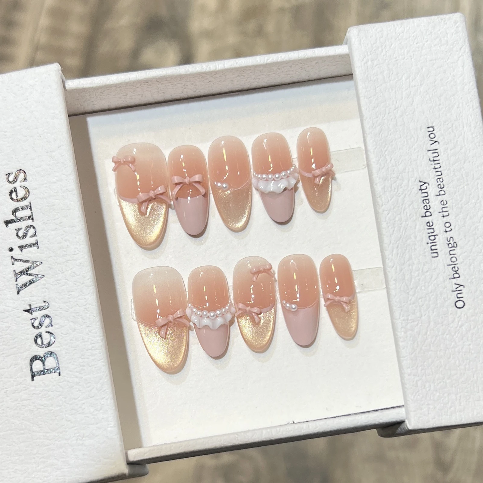 10 Uds. De uñas postizas con lazo francés de ojo de gato y almendra, uñas postizas de resina con diseño de borde de falda para fiesta, boda, manicura DIY