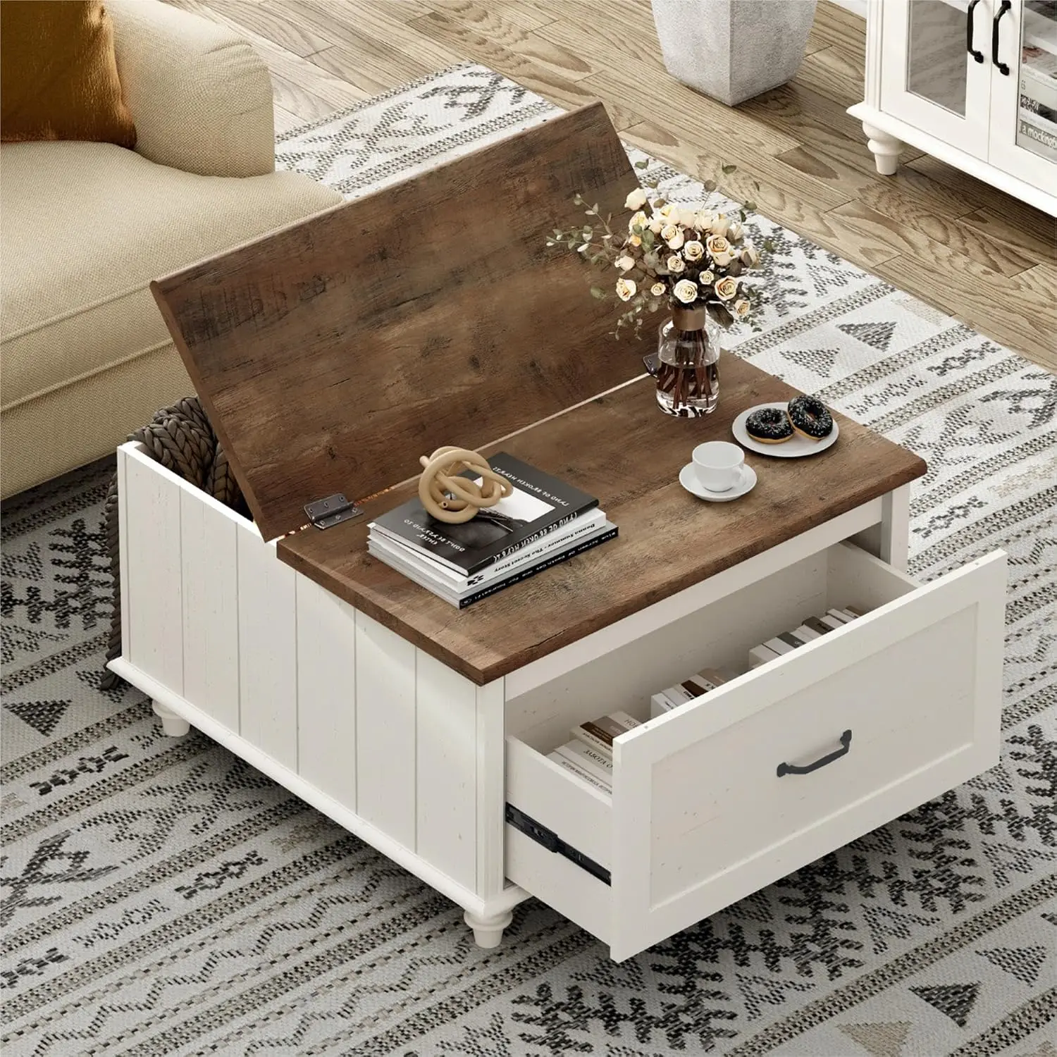Farmhouse Lift Top Coffee Table with Storage Cabinet & Drawer, Wooden Center Table for Living Room & Office, White, Customized