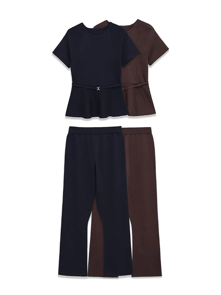 Ensemble 2 pièces pour femme, mode printemps, haut en tricot à manches courtes uni avec ceinture style jupe courte + pantalon droit taille haute