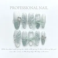 10pcs Detachable Gradient Blue Press on Acrylic Nails Coffin Fake Nails with Heart Designs Handmade High Quality Stick on Nails