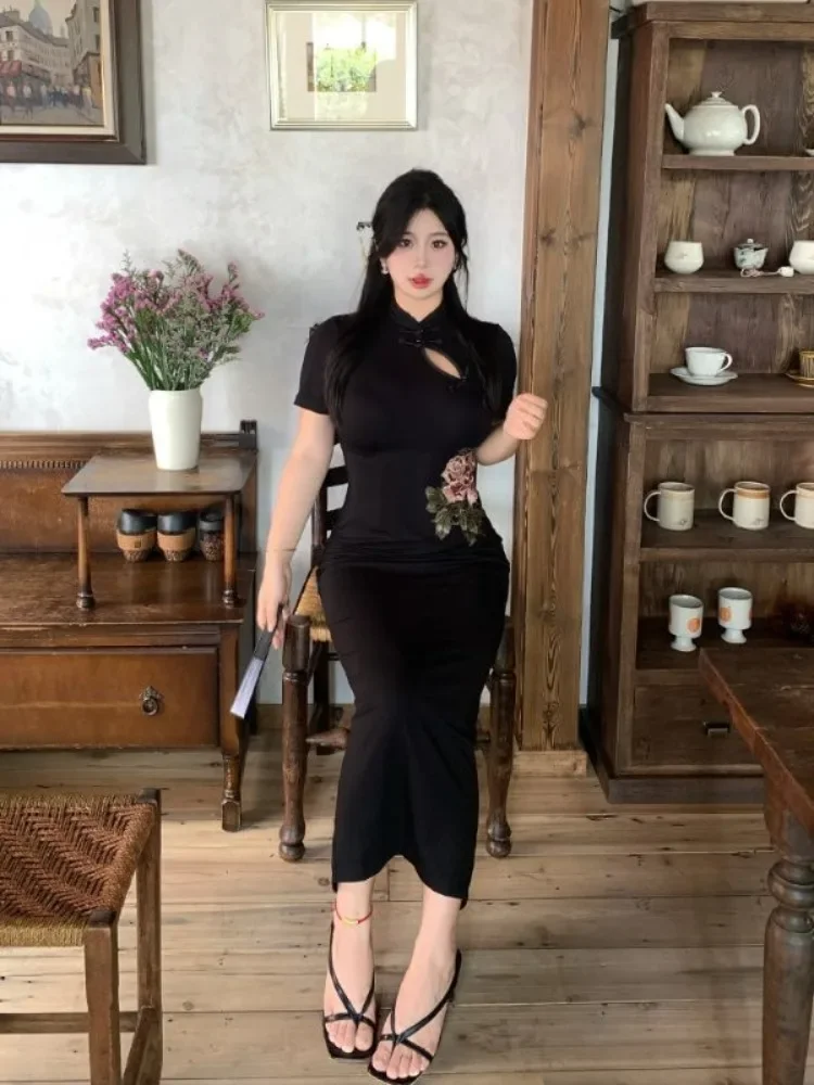 

Plus Size Retro Chinese Cheongsam Floral Print Black Bodycon Qipao Dress High Slit Maxi Cheongsam Party Cocktail Long Dresses