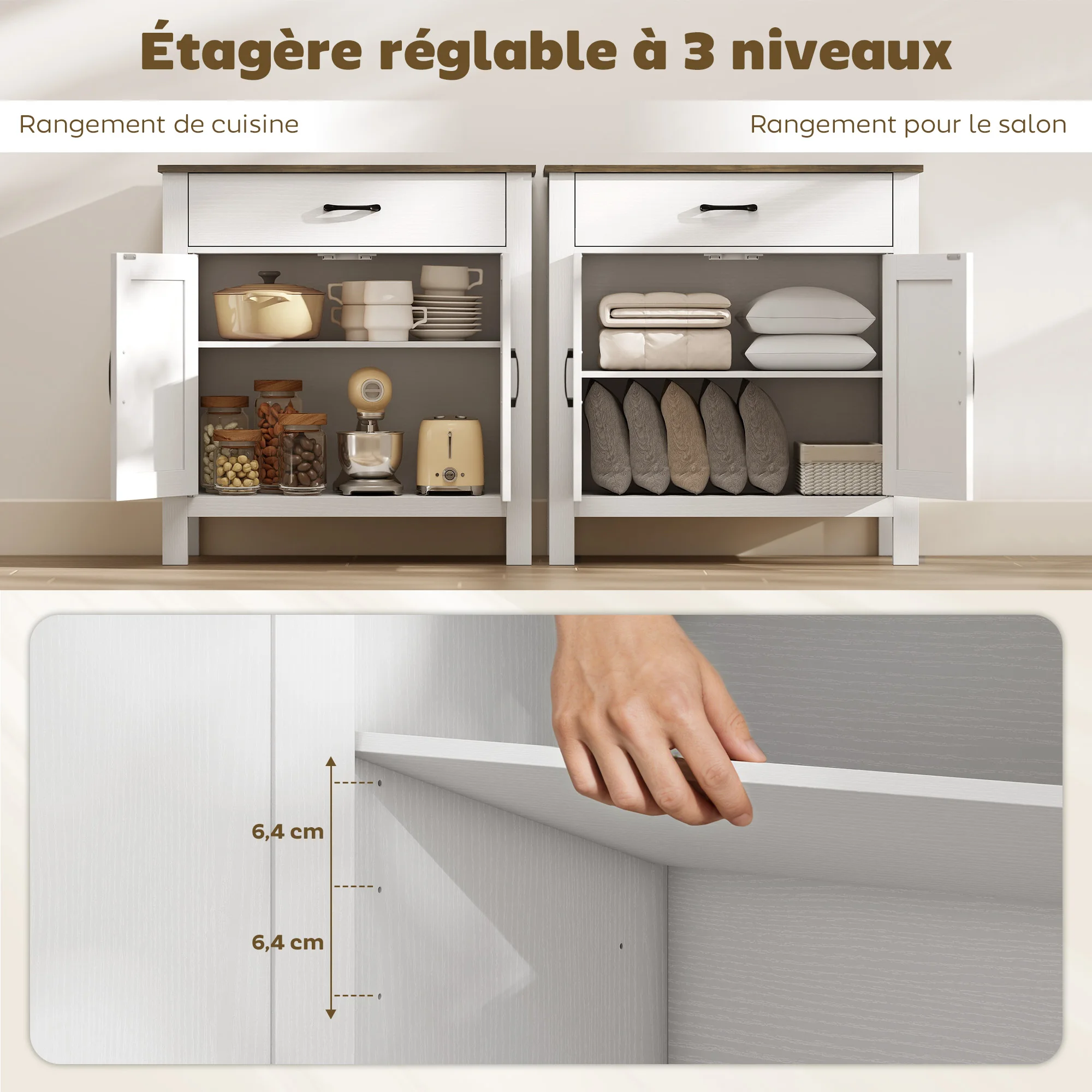 Mueble tipo buffet para la sala de estar, con dos puertas correderas, cajón y estante ajustable, 77 x 39,3 x 81,5 cm, color blanco y marrón.