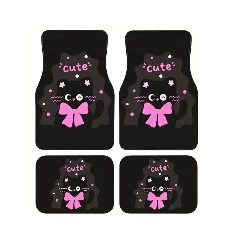 

Black Cat With Pink Bow Car Floor Mats 4pcs Set Anti-slip Waterproof Auto Foot Carpets Cartoon Print For Women Car Accessories