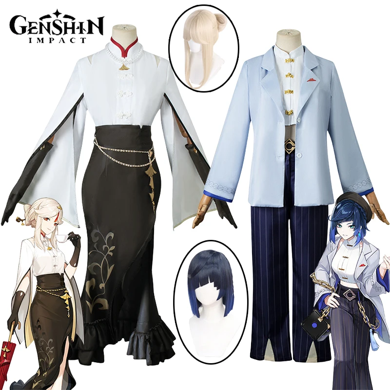 Ningguang-Disfraz de Anime Genshin Impact Yelan para mujer, peluca, vestido, uniforme, juego de Halloween