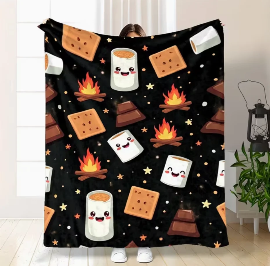 Manta de Franela Acogedora con Estampado Divertido de Fogata y S'mores, Suave y Ligera, para Todas las Estaciones