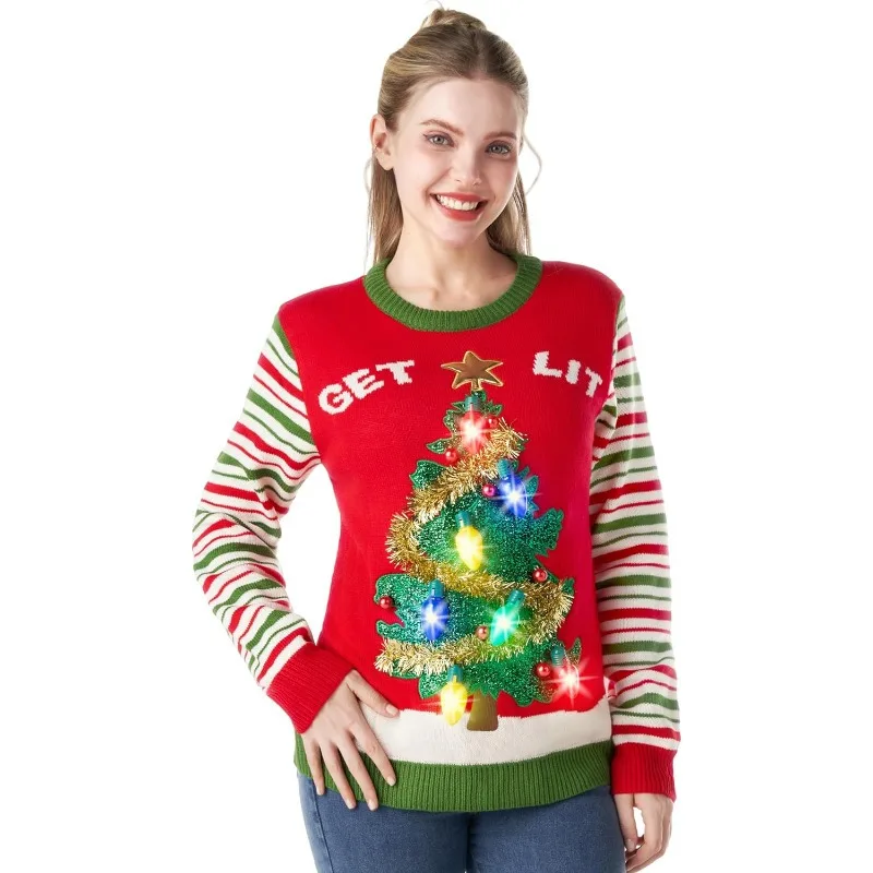 

JOYFY Womens LED Light Up Get Lit Christmas Tree Ugly Christmas Sweater Built-in Light Bulbs Striped Pullover Sweater Gift
