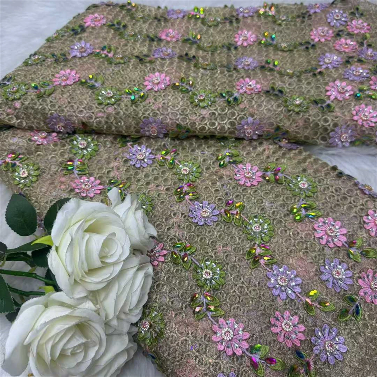 African High Quality Hand Cut Lace With 3D Big Flower Tulle Lace Multicolored Gemstone French Nigerian Lace Fabric For Wedding