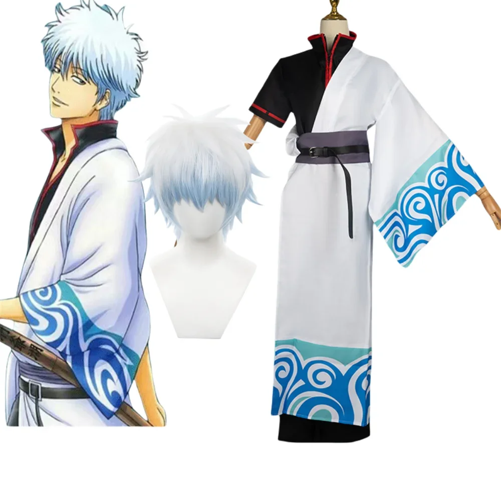 

Anime Gintama Sakata Gintoki Cosplay Costume Women Man Uniform Outfit Wig Halloween Costumes