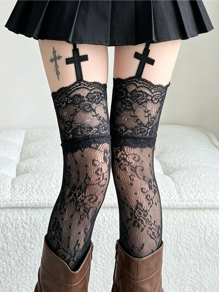 Black Lace Patterned Garter Stockings with Cross Design Thin Hollow-out Long Tights Women Sexy Party Fishing Net Socks Pantyhose