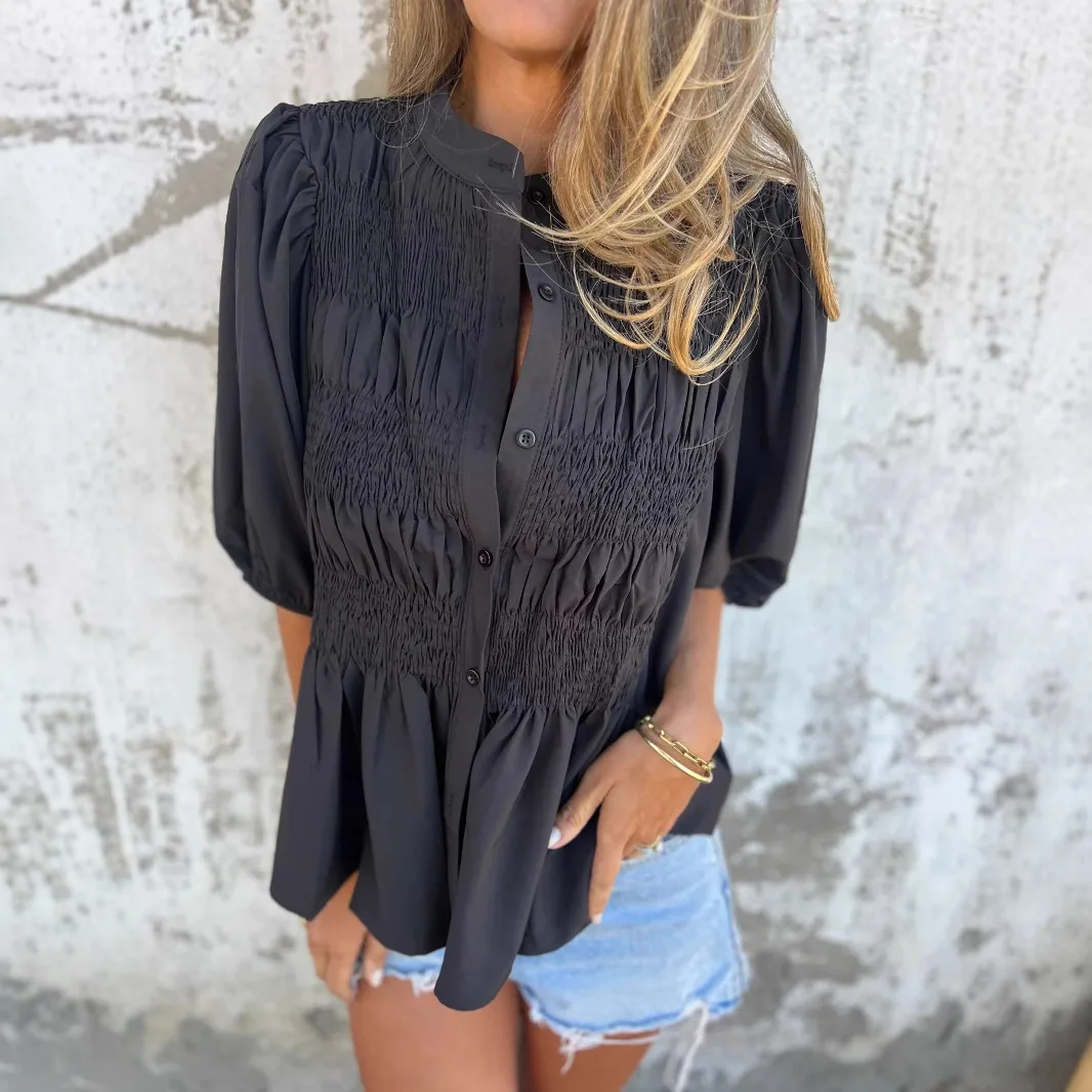 

Casual Solid Ruffles Shirt Top Female Fashion O-Neck Puff Sleeve Button Shirts Tops For Women Summer Holiday Y2k Womens Clothing