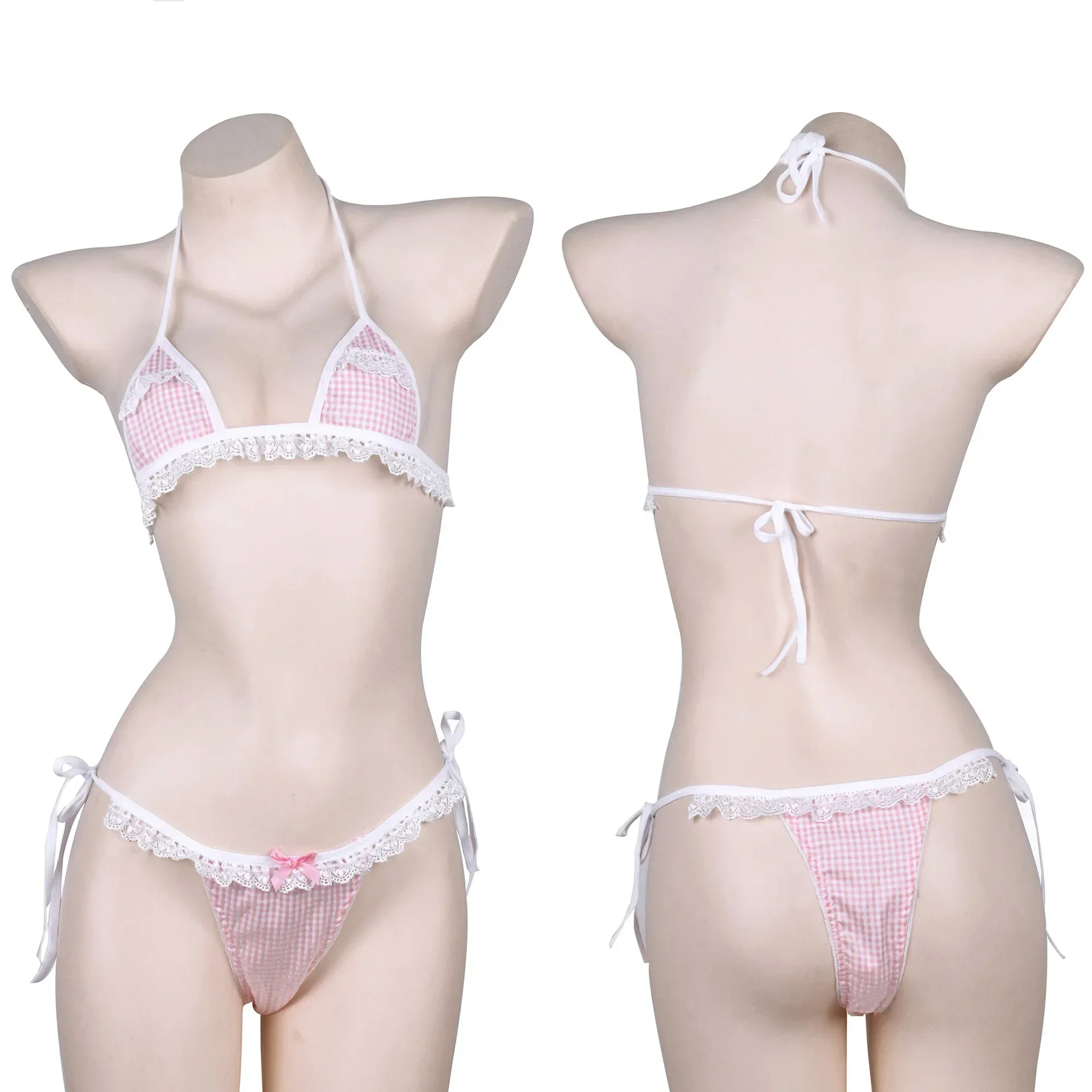 

Cute Girl Lace Pink Bra Brief Set Anime Lattice Halter Lace Up Underwear Japanese Bow Bikini Set Women Lingerie Sweet Nightgown