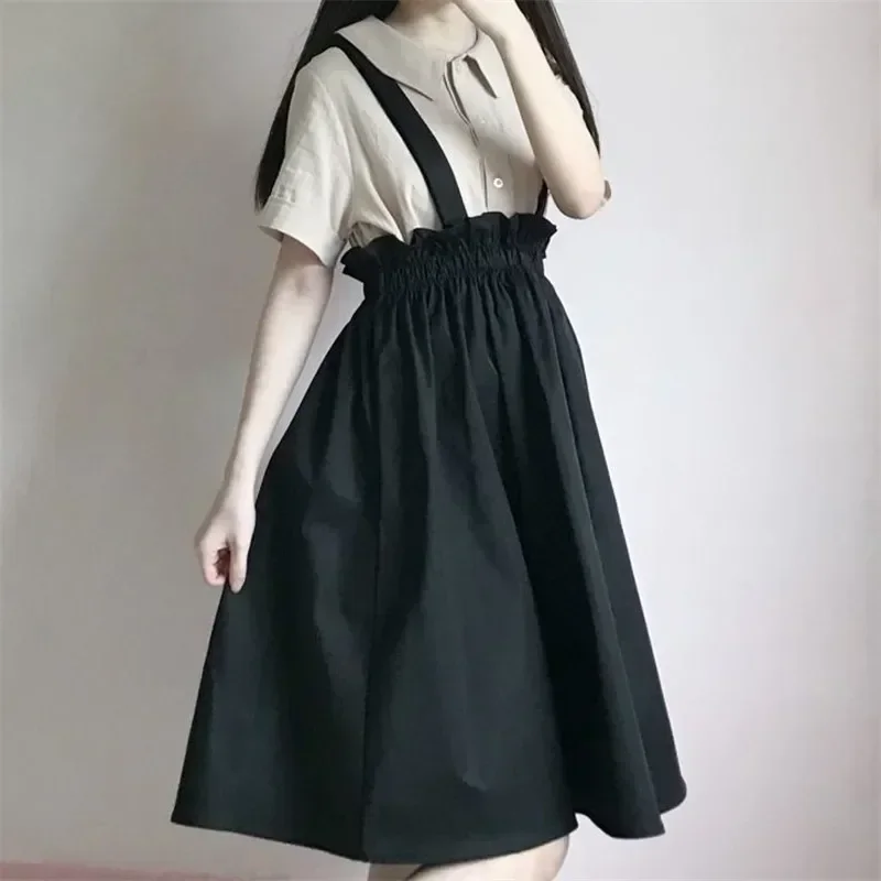 

New Spring Women Skirt Casual Sweet A-line Long Skirts Solid Strap Skirt Woman Japan Style