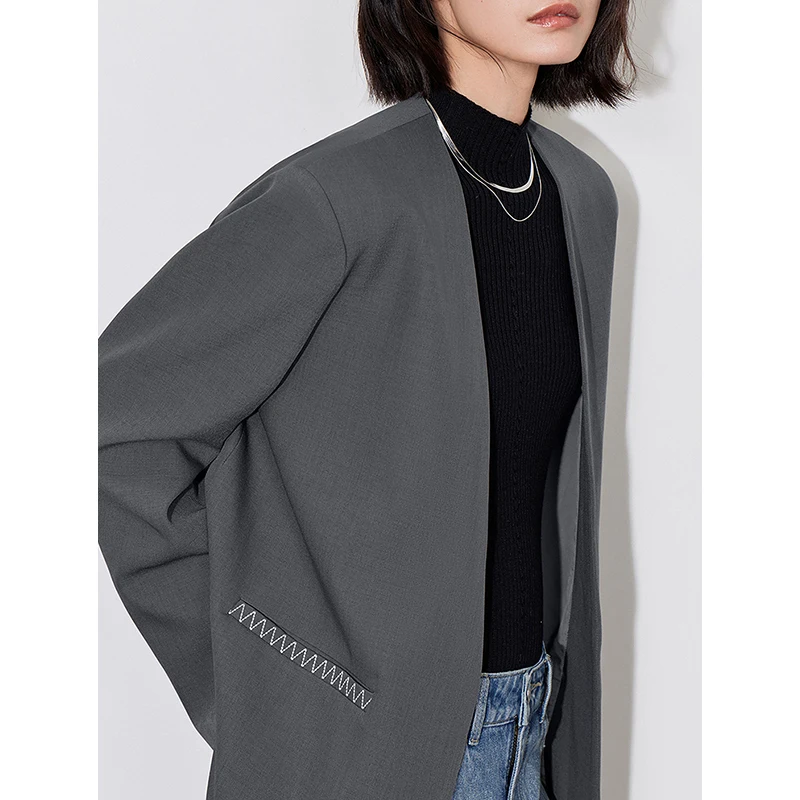 TOYOUTH Women Blazer 2024 Autumn New V Neck Elegant Office Lady Working Wear Jacket With Waistband Gray