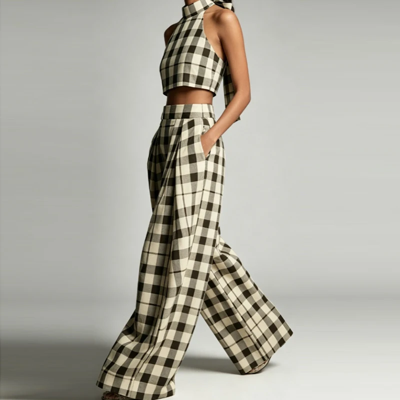 

Women Elegant Sleeveless Wide Leg Pants 2Pc Sets Vintage Checkered Print Loose Outfits Sexy Halter Tie Crop Top & Long Pant Suit
