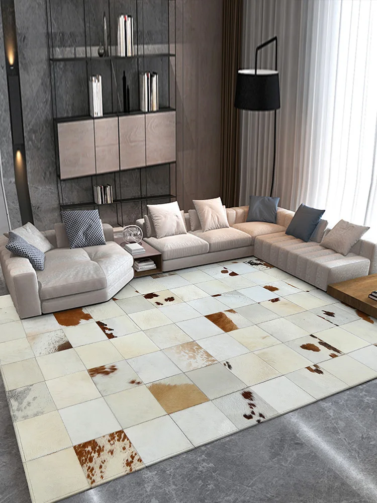 Modern Luxury High-grade Large Size Cowhide Rug Mosaic Rectangular Living Room Tea Table Cushion Bedroom Bed Leather Carpet