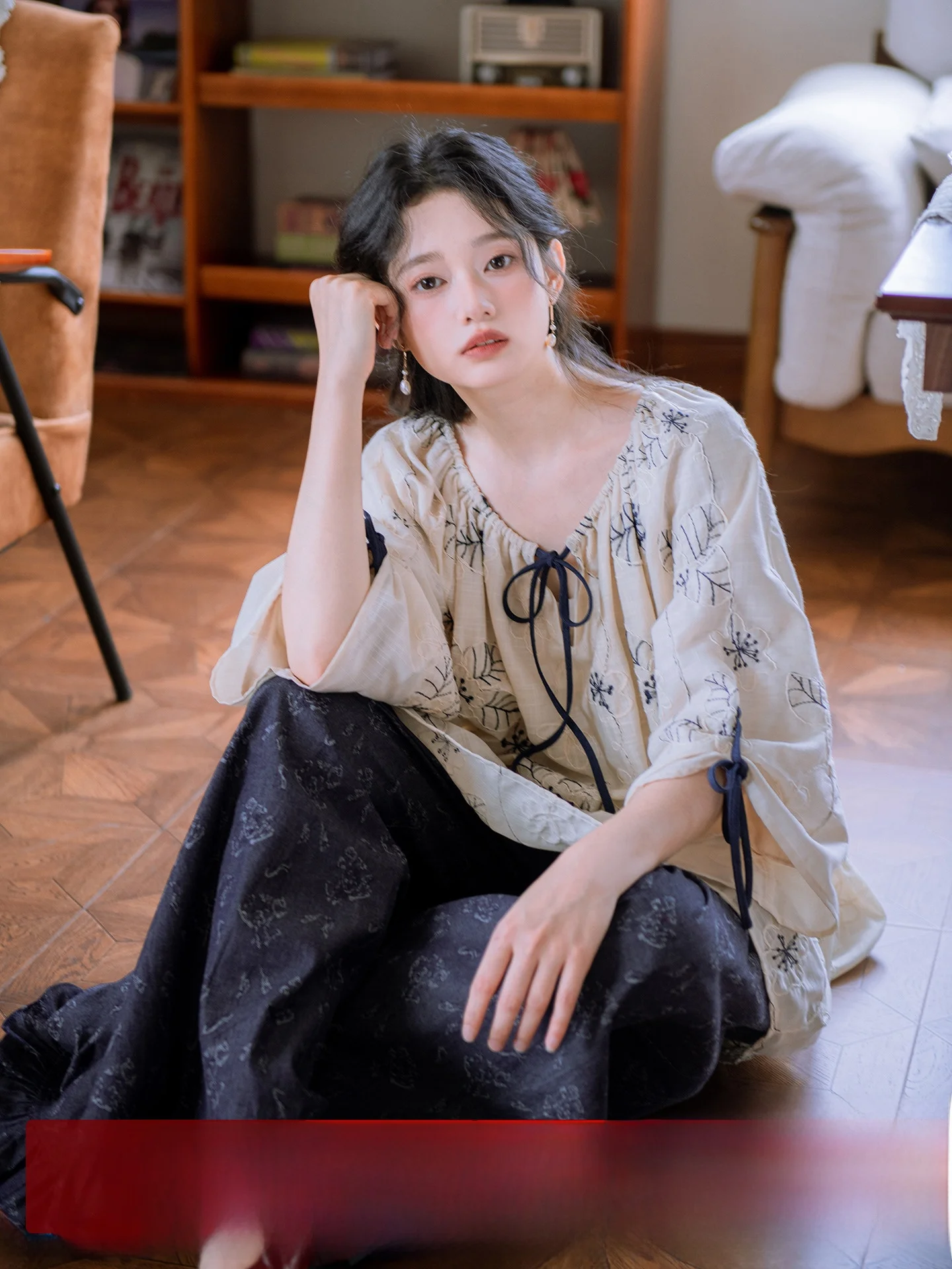 

Blue�� Embroidered Rope Waist Doll irt Versatile Wide Leg Jeans Chinese New Sle Artistic Women's Top by Nanfeng Valley