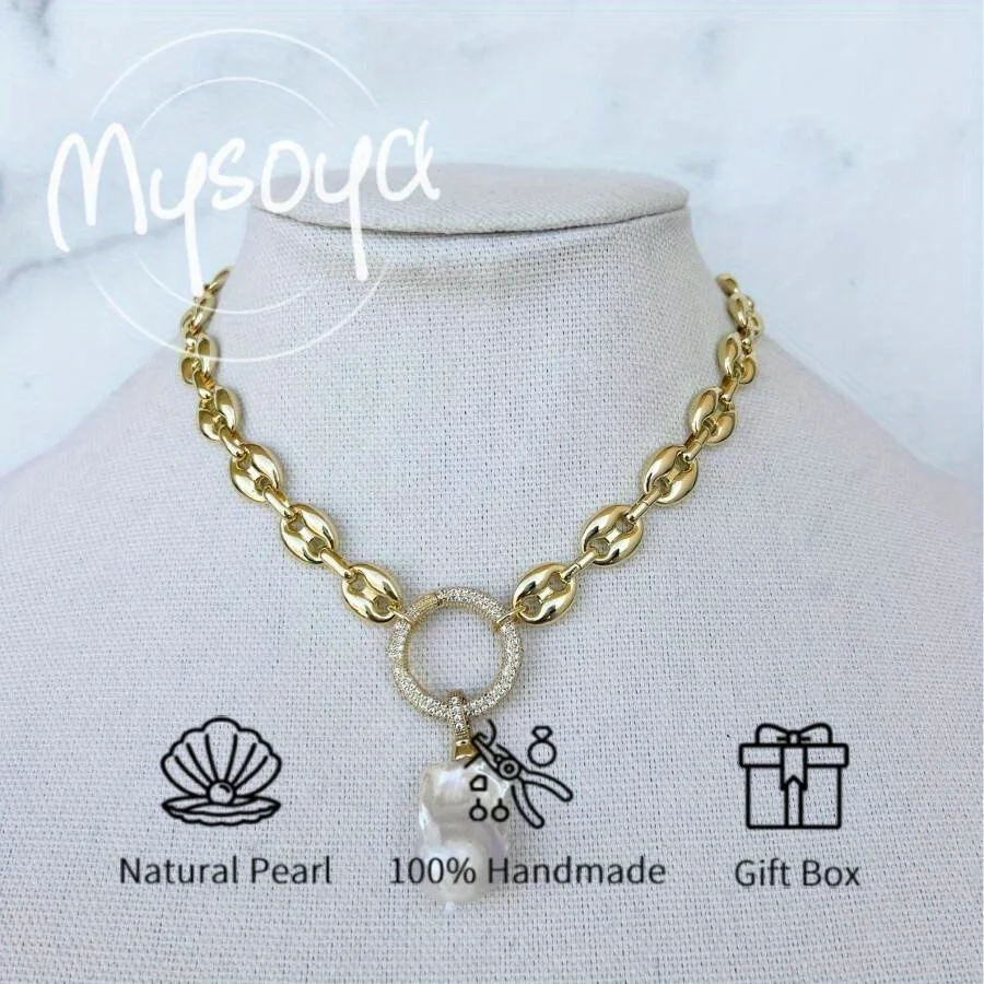 

MYSOYA White Baroque Pearl Pendant Necklace 15-16mm with Gift Box Birthday Gift Wedding Jewelry Gift for Him/ Her