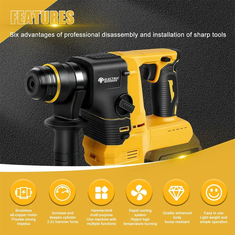 Electric Goddess Brushless Electric Hammer Drill Multifunctional Rotary Cordless Rechargeable Power Tool For Dewalt 20V Battery