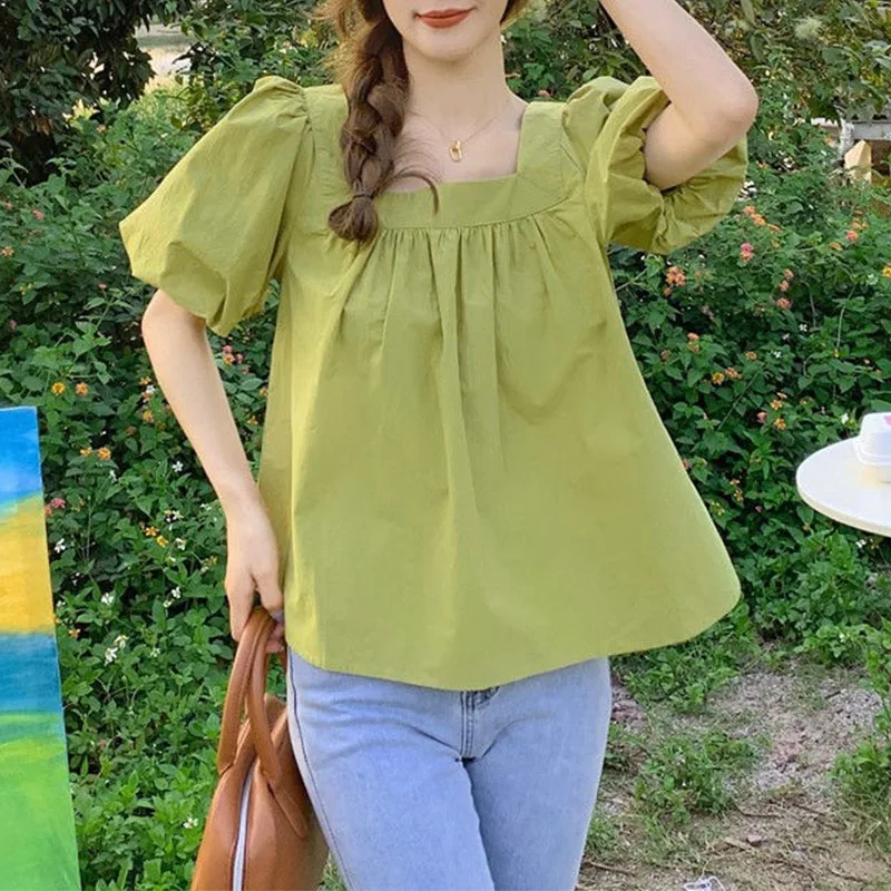 Square Collar Puff Sleeve Solid Color Shirt Women\'s Clothing Summer 2024 Fashion Female Korean Preppy Style Sweet Folds Blouses