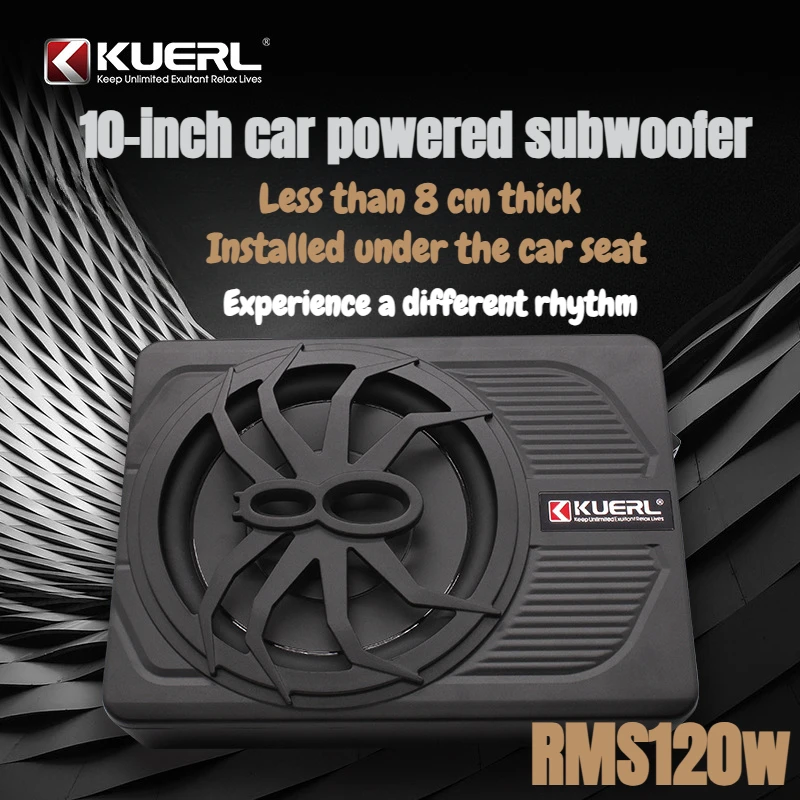 RMS 120w Car Audio System: 10-inch Powered Subwoofer Body, Pure Bass, and Under-seat Mounting of Ultra-slim Subwoofer Speakers