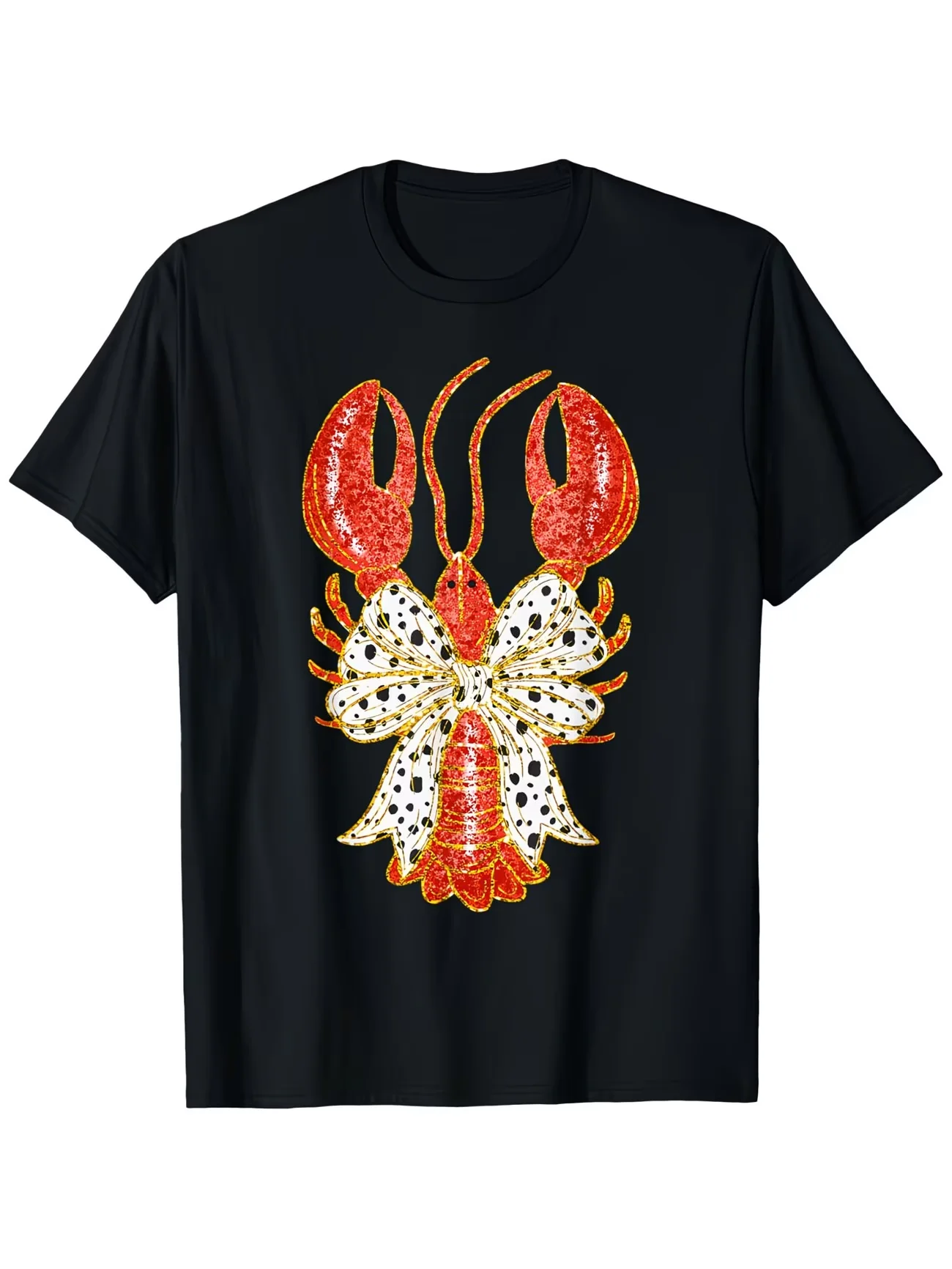 Cute Bow Coquette Crawfish Clean Aesthetic Lobster Graphic T-Shirt - Unisex Short Sleeve Round Neck Tee with Red & Lobster Print