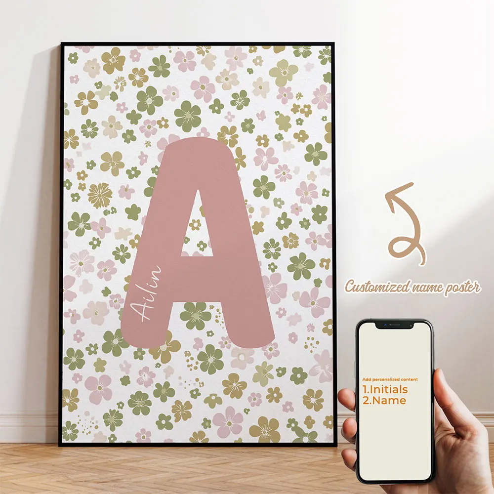 

Initial Name Custom Flower Wall Art Prints Canvas Painting Poster Picture For Living Bedroom Play Kids Room Home Decor