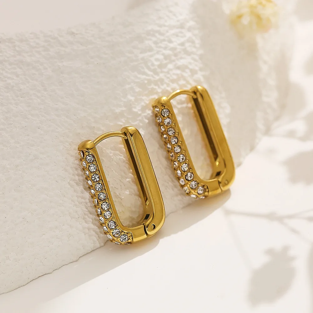 Rectangular Diamond Long Earrings Titanium Steel Gold Plated