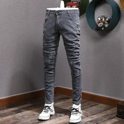 Fashion Designer Men Jeans Retro Gray Stretch Slim Ripped Jeans Men Elastic Trousers Vintage Casual Denim Pencil Pants Hombre