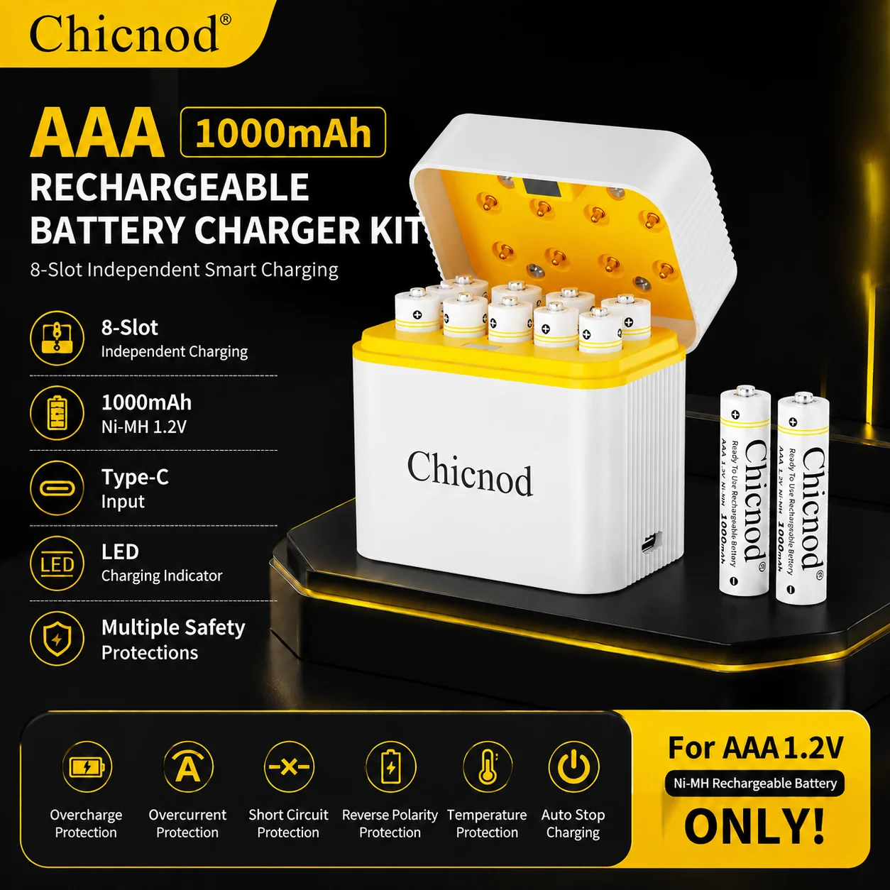 CHICNOD AAA Rechargeable Batteries 1000mAh 1.2V NiMH Battery Set with Smart Charger Kit 4 Slot 8 Slot for Camera Remote Toy
