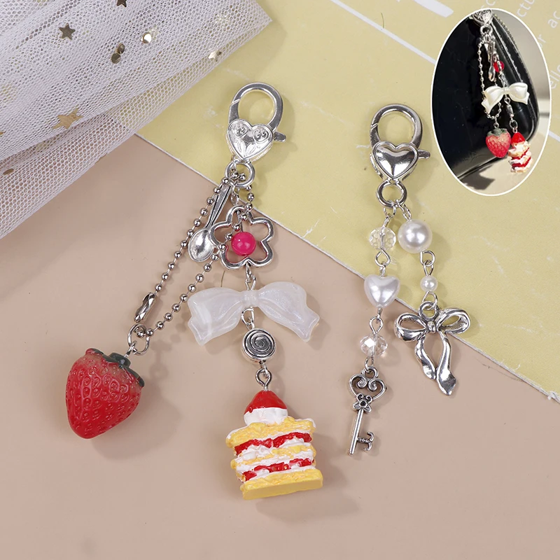 

Cute Strawberry Cake Keychain For Women Creative Bow Heart Mobile Phone Ins Lanyard Key Ring Bag Decoration Pendant Jewelry Gift