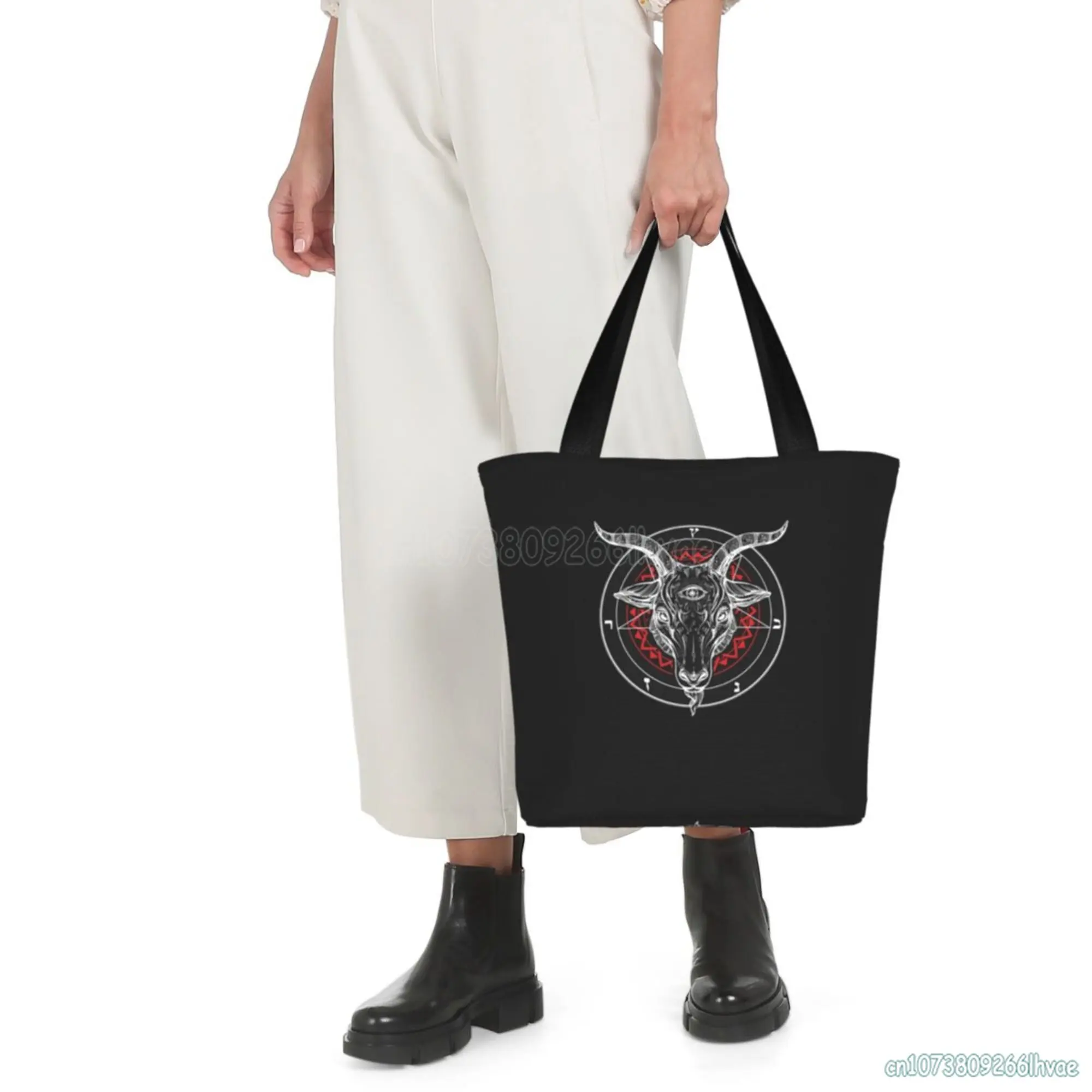 Satanic Goat Head Baphomet Lucifer Occult Pentagram Demonic Handbag for Women Canvas Shoulder Bag Durable Reusable Shopping Bag