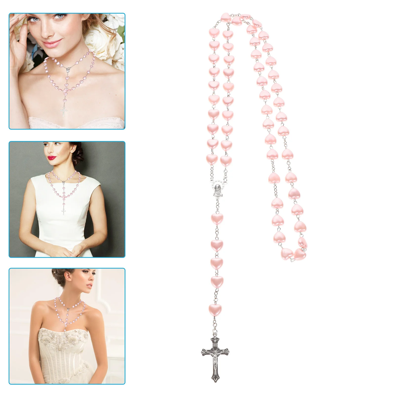

Elegant Pink Rosary Necklace Heart Bead Cross Pendant Vintage Glass Beads Women Jewelry Cross Pendent Necklace