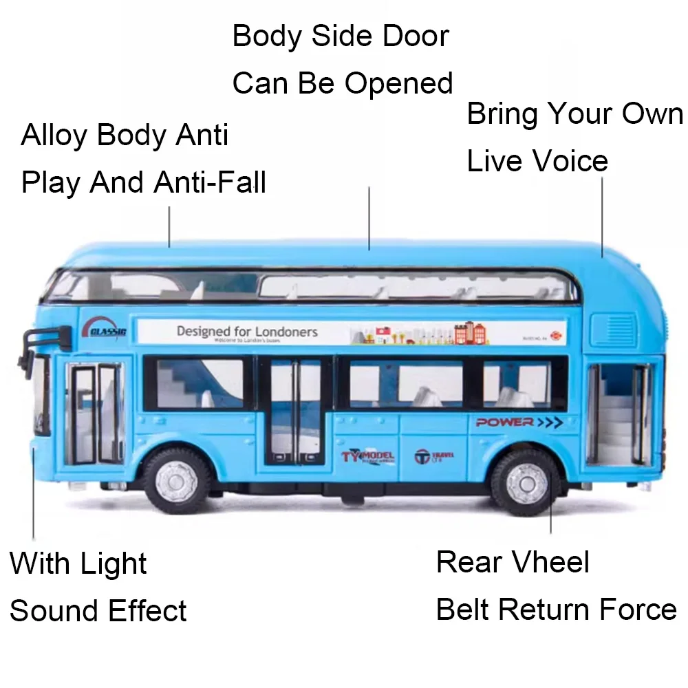 1/36 Schaal Dubbeldekker Bus Speelgoed Auto Model Legering Diecast Geluid Licht Trek Deuren Geopend Voertuigen Collectibles Verjaardagscadeau