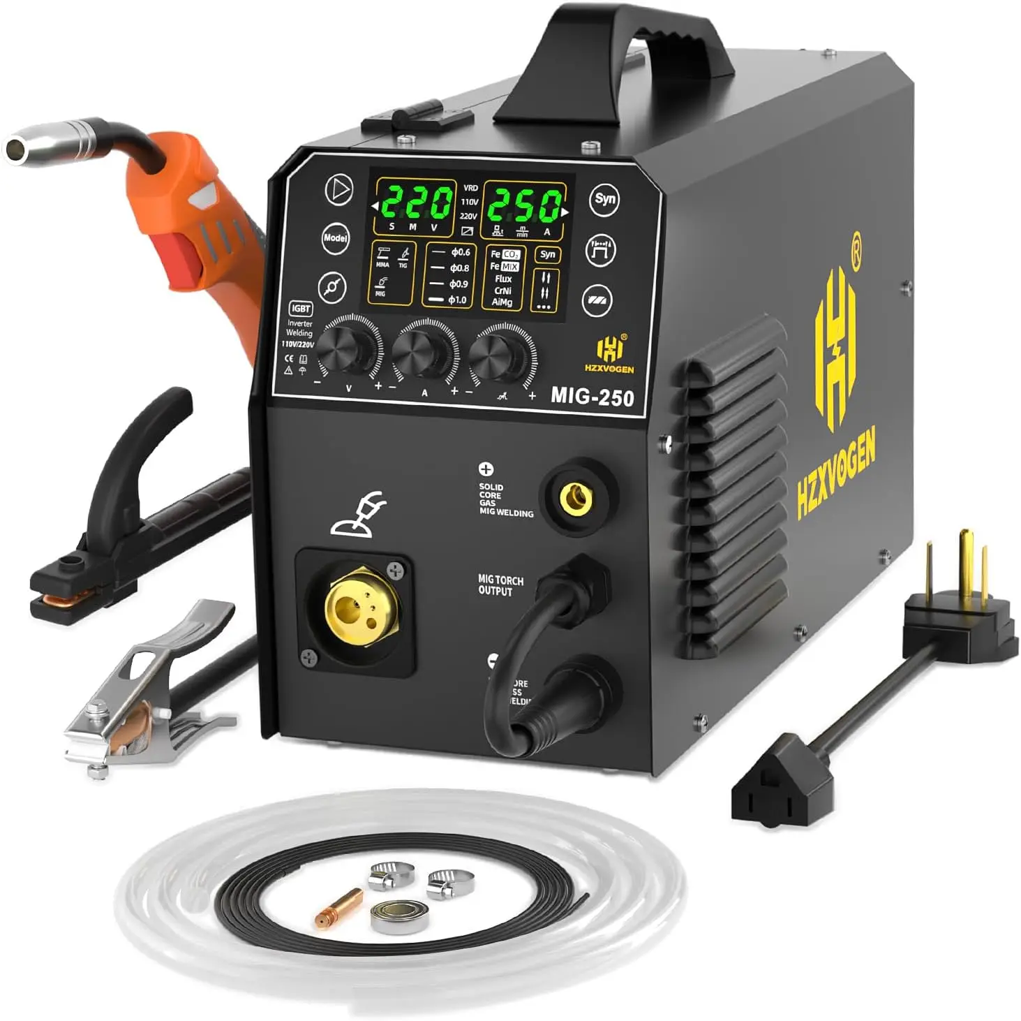 

HZXVOGEN 250A Aluminum MIG Welder 5 in 1 LED Display Multi-process Welding Machine 110/220V IGBT Inverter Gas MIG