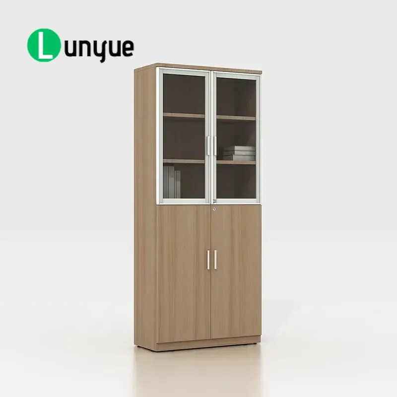 Modern Wooden File Cabinet with 2 Glass Doors Lockable Office Storage Furniture for Home Office Organization Secure Document