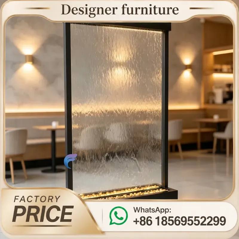 Glass Water Wall Panel Indoor Water Curtain Fountain Stainless Steel with LED Light Customized Coffee Shop Water Feature