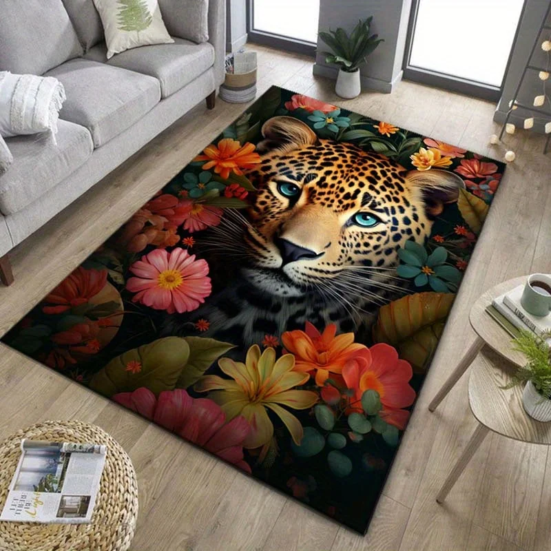 Leopard Floral Rug: Exotic Jungle Theme with Colorful Flowers - Bold Living Room Statement Piece | Wildlife Art Carpets
