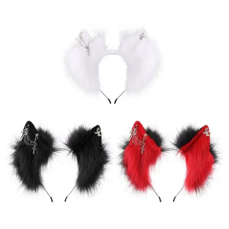 

652F Wolf Kitten Cosplay Headwear Party Sexy Kitten Headbands with Earring Animation Hair Hoop for Live Show Role Play
