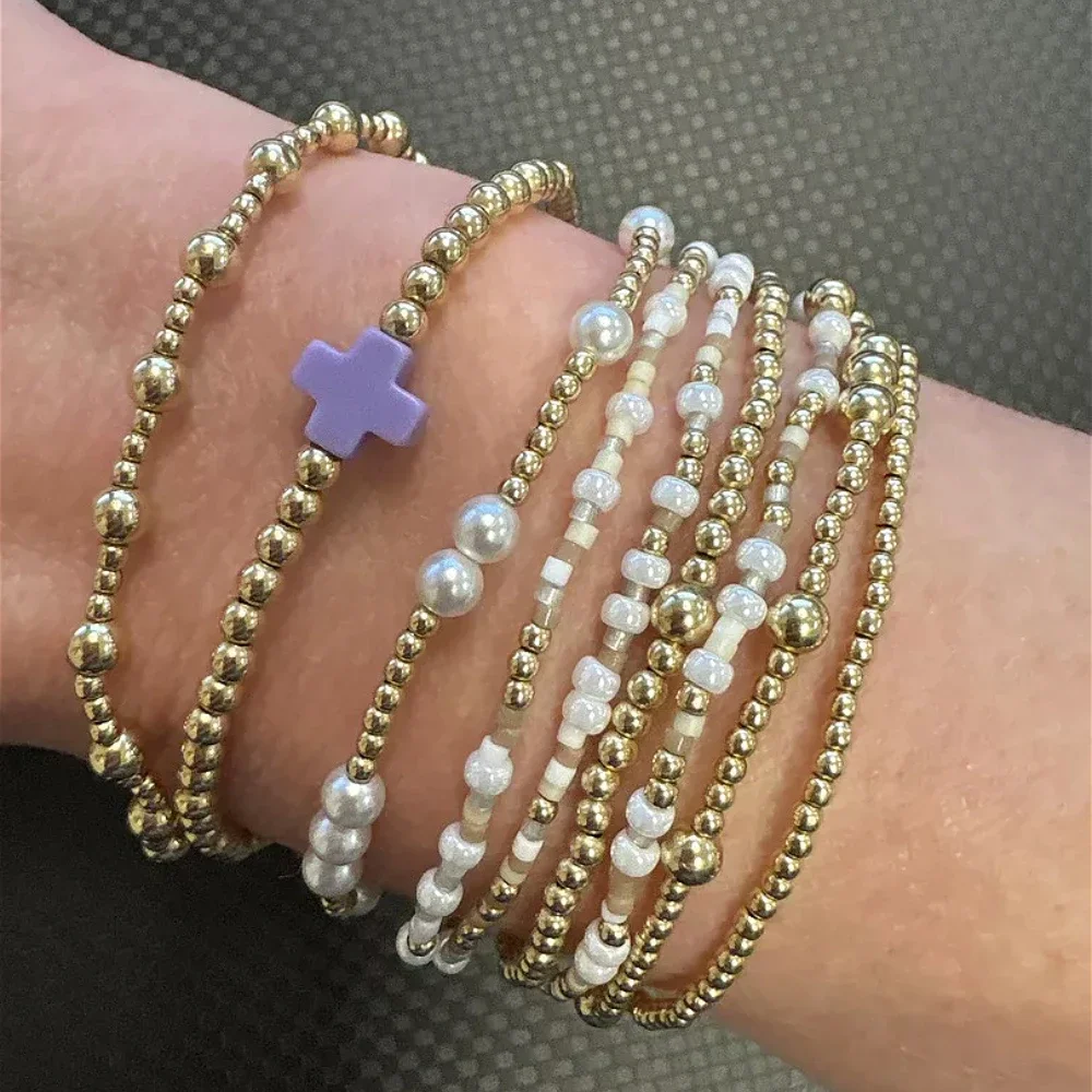 

YozyCraft Purple Cross Charm Beads&Pearl Stack of 9 Bracelets, Fashion Jewelry Gift for Women Daily Layering
