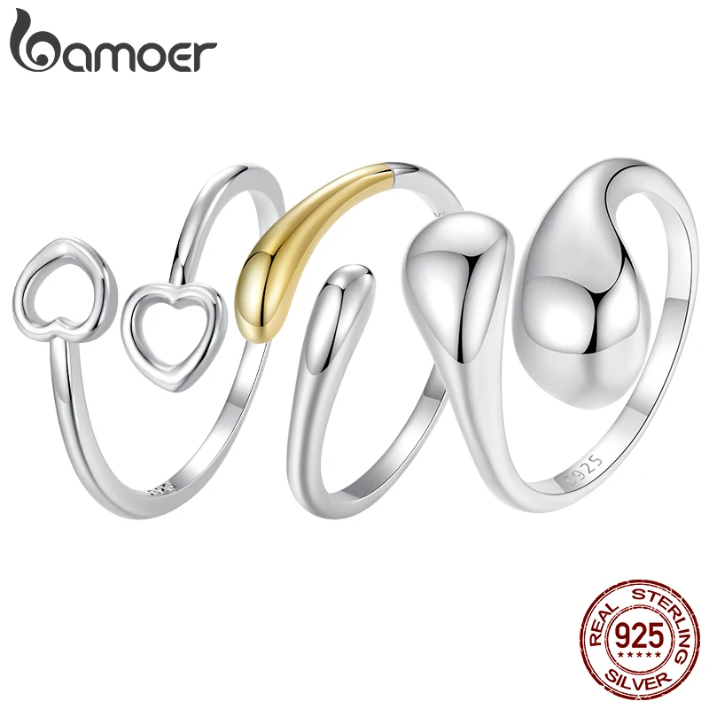 Bamoer Original 925 Sterling Silver Waterdrop Hoop Ring Heart Open Adjustable Simple Symmetry For Women Wedding Fine Jewelry