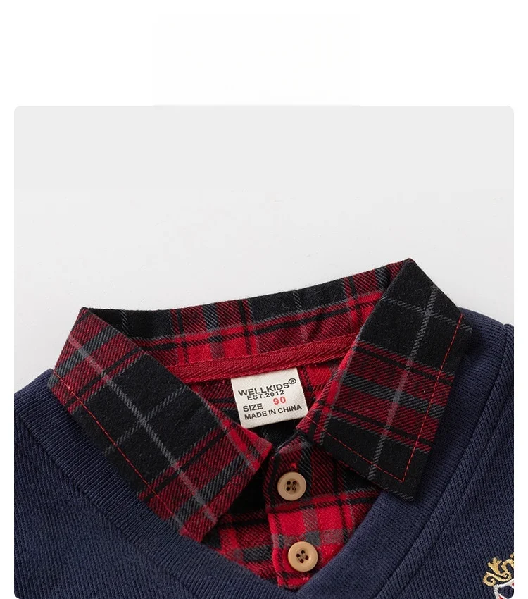 2026 Frühling Kinderkleidung Hoodie Jungen Preppy-Stil Fake-Zweiteiler Sweatshirt Karierter Kragen Langarm Besticktes Jungen-Oberteil – Detail 7