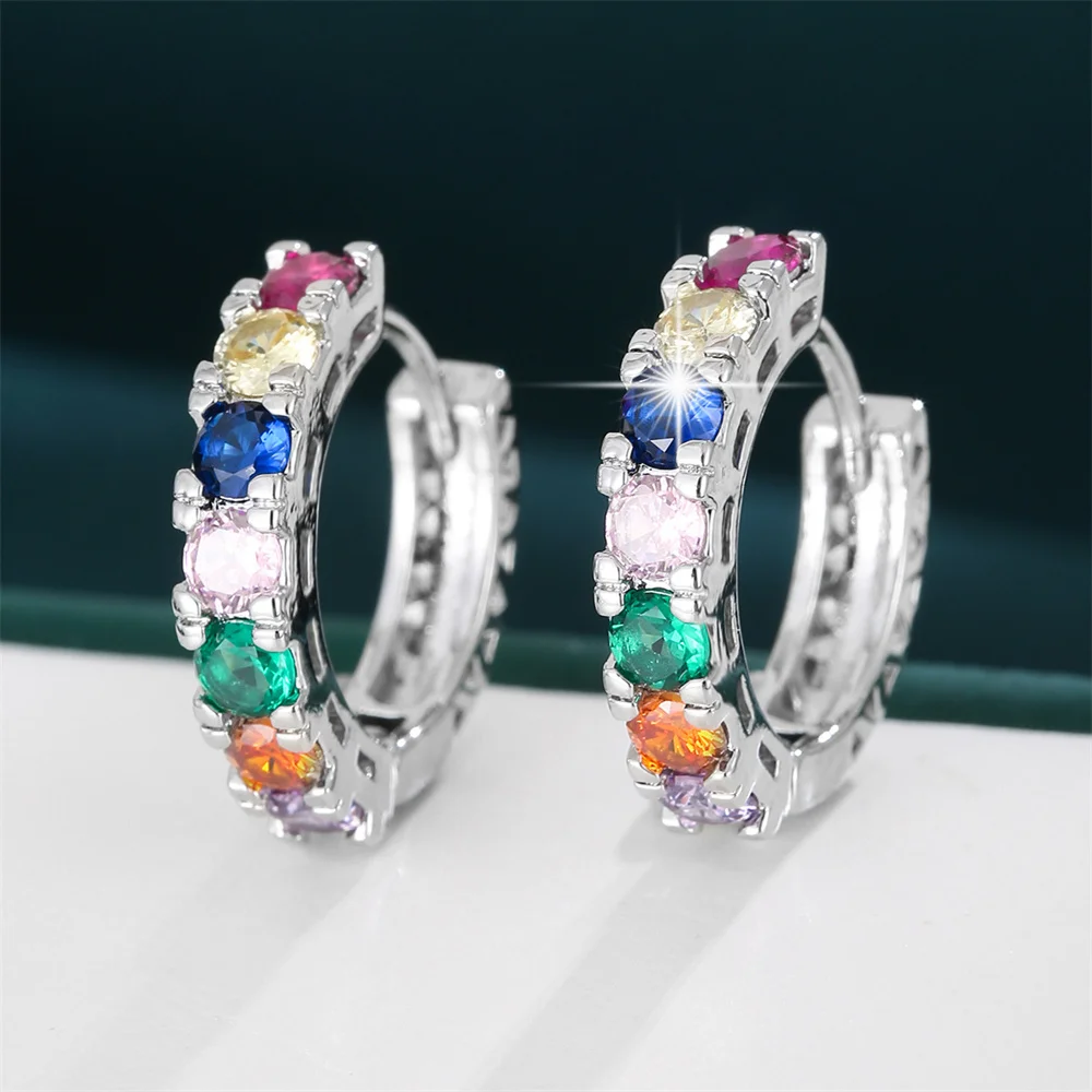Single Row Rainbow Zircon Small Round CZ Stone Hoop Earrings For Women Vintage Gold Silver Color Ear Buckle Wedding Jewelry Gift