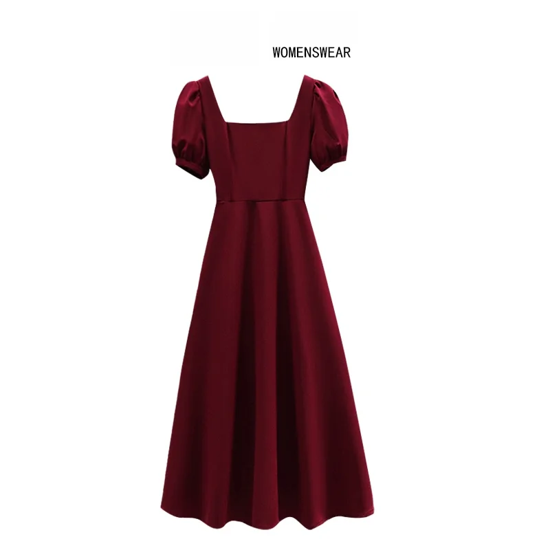 

Summer Casual Mid-Length A-Line Dress Women's Short-Sleeve Square-Neck Retro Style plus Size High-Waist Cotton Blend Dress